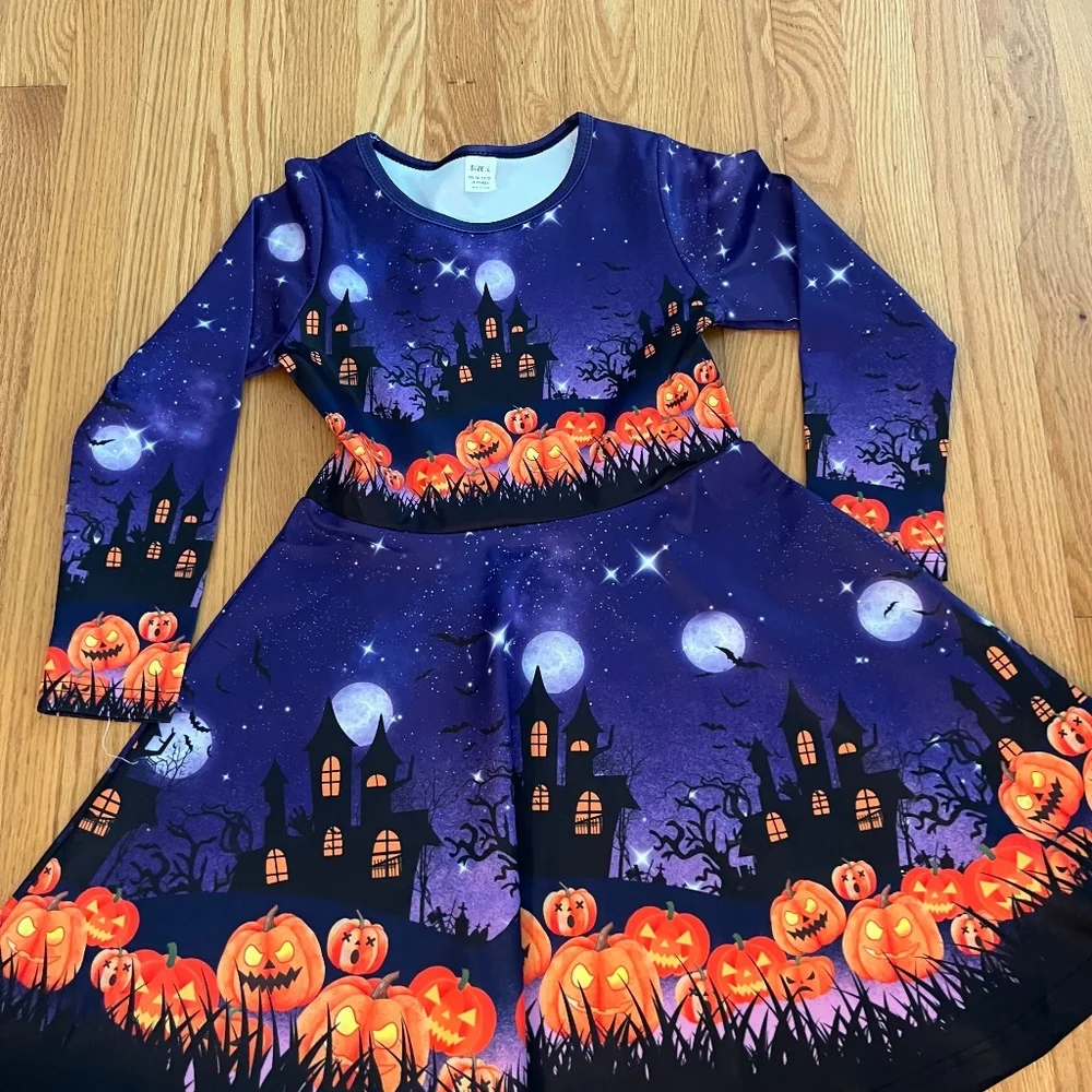 purple halloween pumpkin and haunted house dress
